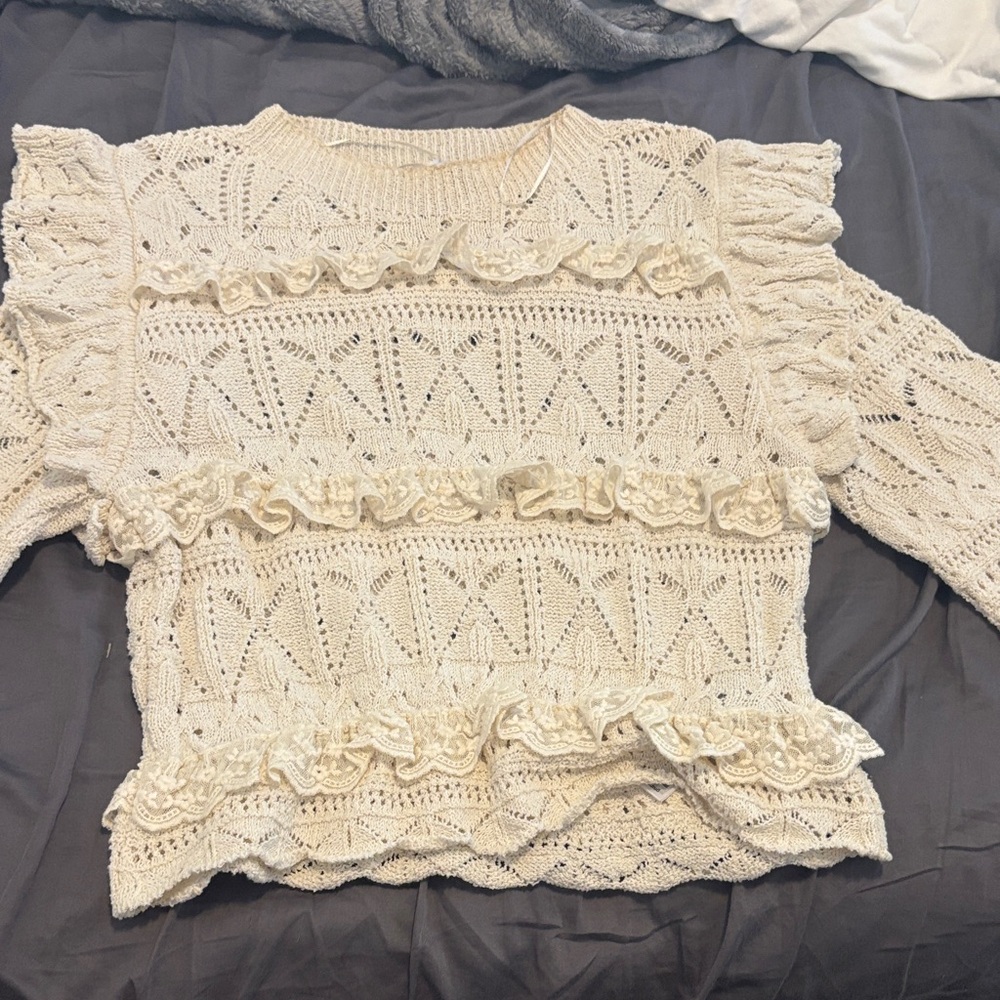Cream Lace Ruffle Sweater